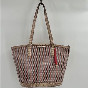 Brahmin Bowie Woven Tote Bag with Red Hanging Accent